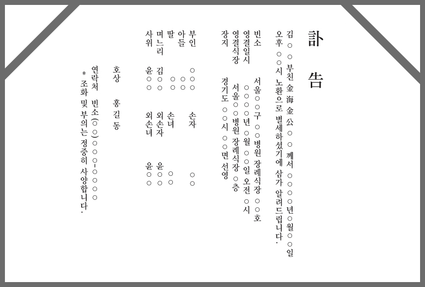 현대식 부고예문 2. 부고 김00부친 김해김공00공께서 0000년 0월 00일 오후 00시 노환으로 별세하셨기에 삼가 알려드립니다. 빈소 서울 00구 00병원 장례식장 00호, 영결일시 0000년 0월 00일 오전 0시, 영결식장 서울 00병원 장례식장 0층, 장지 경기도 00시 00면 선영, 부인 000, 아들 00 딸 00 며느리 김00 사위 윤00 손자 00 손녀 00 외손자 윤00 외손녀 윤00 / 연락처 빈소 00)000-0000 조화 및 부의는 정중히 사양합니다.